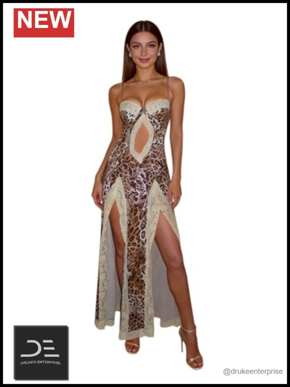 RARITYUS Lace Trim Leopard Maxi Dress High Slit Cutout Bodycon Spaghetti Strap